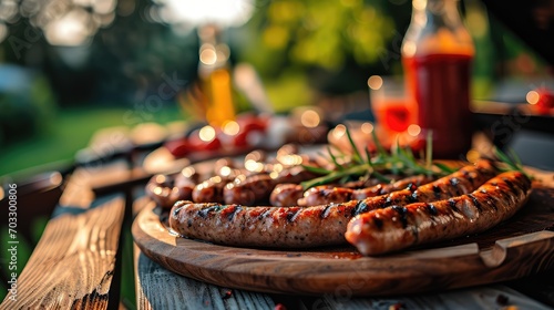 Fried sausage with vegetables on a wooden board. Outdoor barbecue. AI generated.
 photo