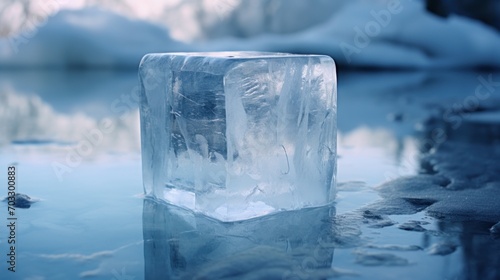  an ice block sitting on top of a body of water next to a bunch of snow covered rocks and trees.