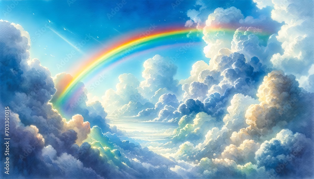 The painting is a breathtaking view of a vibrant rainbow arching across a sky filled with voluminous clouds, illuminated by sunlight. The painting is a breathtaking view of a vibrant rainbow arching across a sky filled with voluminous clouds, illuminated by sunlight.