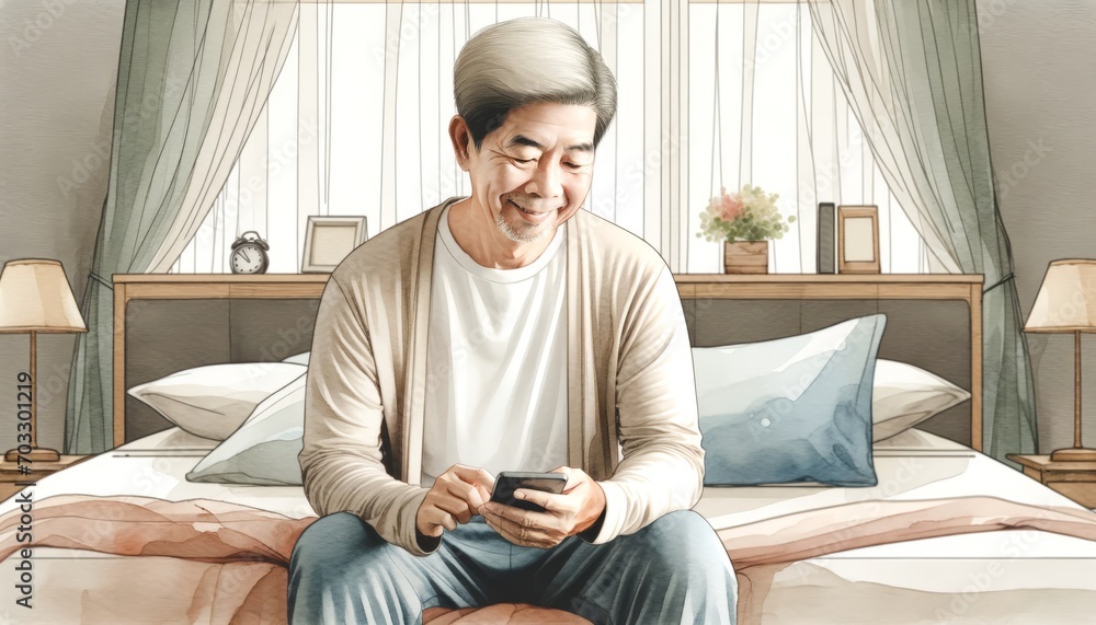 Elderly man smiling while using a smartphone in a cozy bedroom.