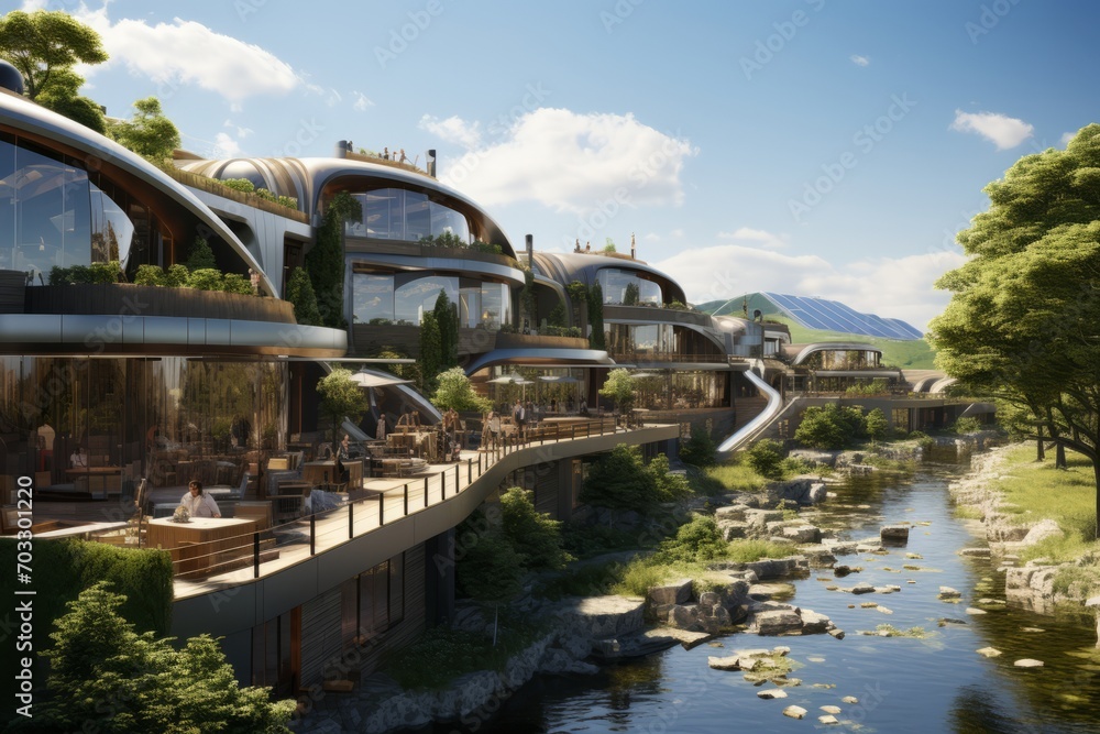 Fototapeta premium Eco-Friendly Community with Integrated Energy Storage and Renewable Sources, on an isolated Eco-Friendly Blue background, Generative AI