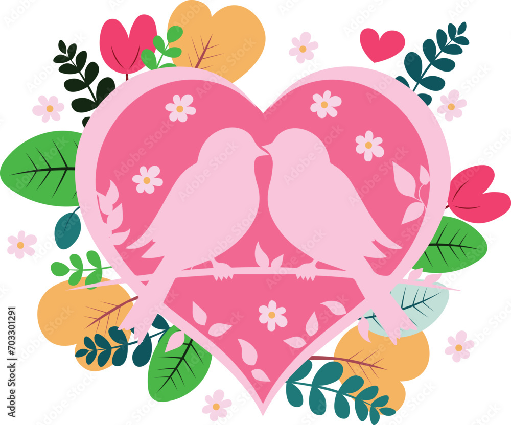 heart, vector illustration with herbarium with birds
