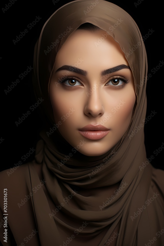 An ethereal image capturing the allure of a Muslim woman with delicate makeup, her features highlighted in a studio's soft lighting. An ethereal image capturing the allure of a Muslim woman with delicate makeup, her features highlighted in a studio's soft lighting.