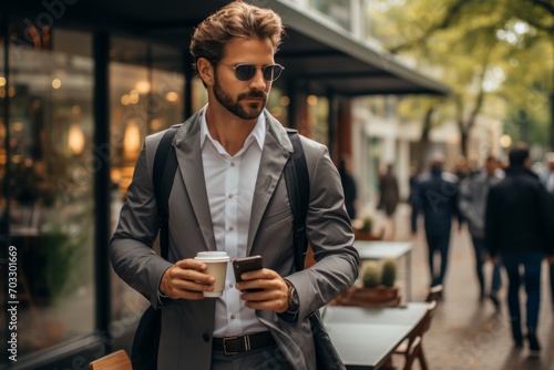 Confident businessman making the most of his walk, laptop and coffee cup in hand, as he enjoys the urban scenery, Generative AI