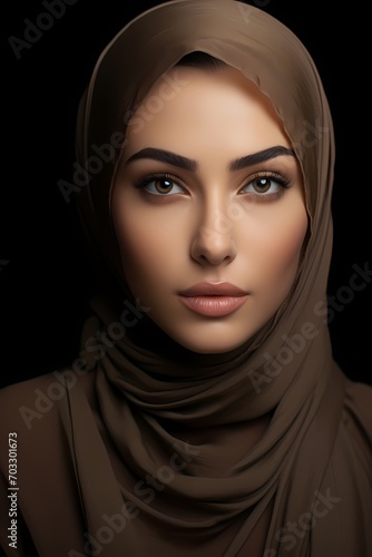 An ethereal image capturing the allure of a Muslim woman with delicate makeup, her features highlighted in a studio's soft lighting.