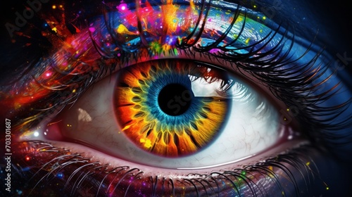 A close up of an eye with bright colors