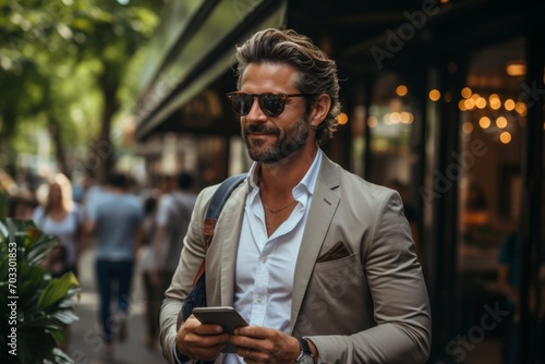 Focused businessman taking a refreshing stroll in the city, a laptop and coffee cup making his day more productive, Generative AI