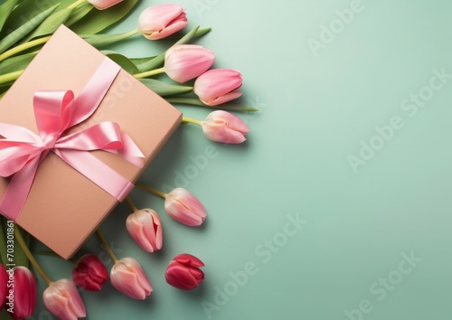Top view concept photo of woman's day composition gift boxes with bows ribbon flowers on isolated pastel background with copyspace for text © Bold24