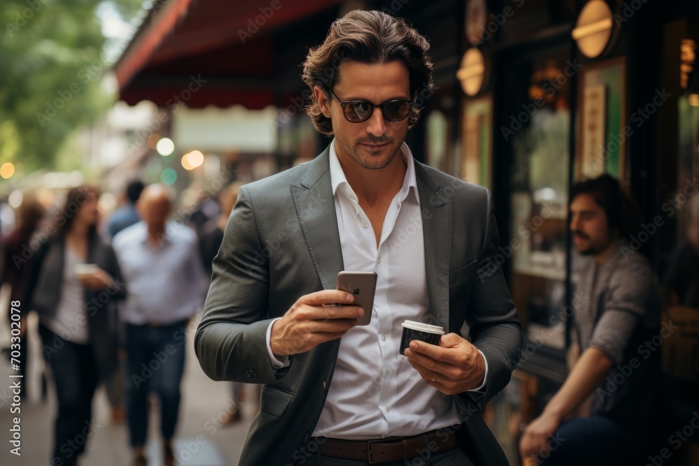 Modern businessman on the move, navigating the city with his laptop and coffee cup as his trusted companions, Generative AI Modern businessman on the move, navigating the city with his laptop and coffee cup as his trusted companions, Generative AI