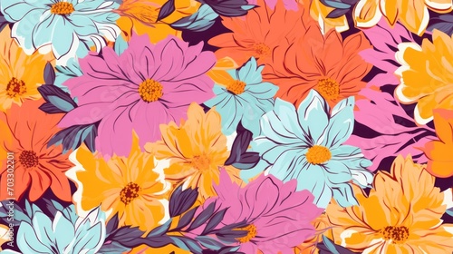  a bunch of colorful flowers that are on a blue and pink background with orange, pink, and white flowers. © Anna