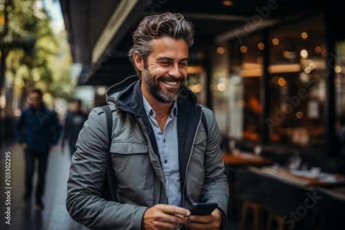 Successful entrepreneur staying mobile and motivated, walking in the city with his laptop and coffee in hand, Generative AI