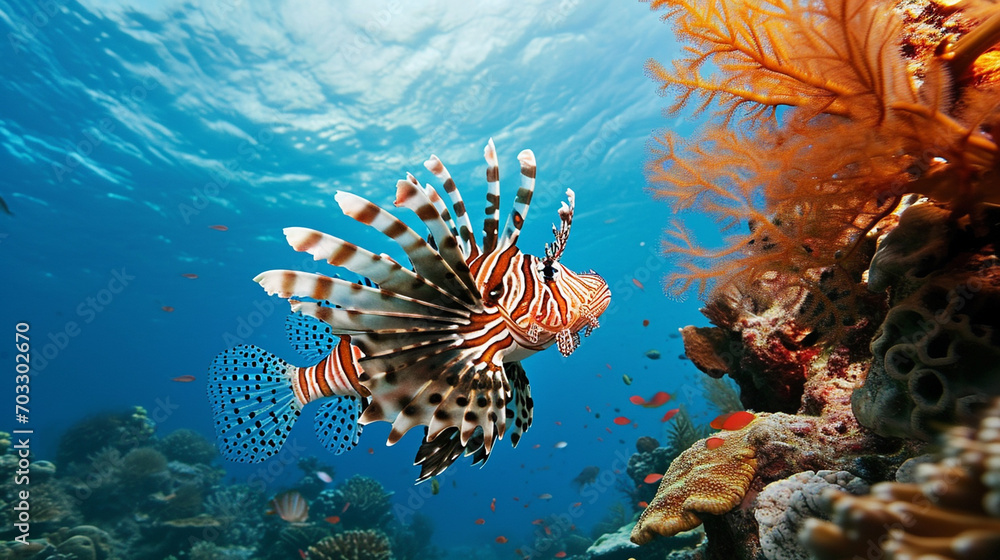 Large lionfish fish, ocean, large coral reefs, predatory and poisonous fish. Rare ocean fish. Large lionfish fish, ocean, large coral reefs, predatory and poisonous fish. Rare ocean fish.