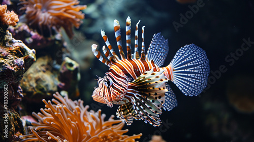 Large lionfish fish, ocean, large coral reefs, predatory and poisonous fish. Rare ocean fish.