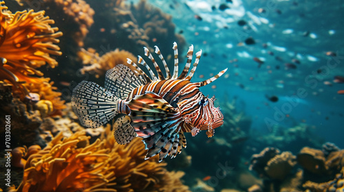 Large lionfish fish, ocean, large coral reefs, predatory and poisonous fish. Rare ocean fish. © A LOT ABOUT EVERYTHI