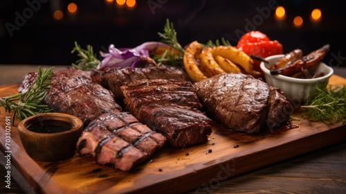  a wooden cutting board topped with steak, french fries, and coleslaw next to a small bowl of ketchup.