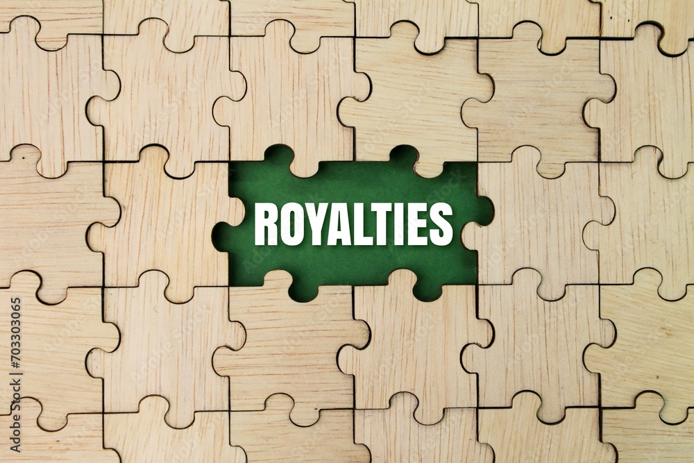 wooden puzzle with the word ROYALTIES in the middle. royalty concept wooden puzzle with the word ROYALTIES in the middle. royalty concept