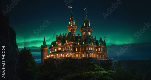 A castle with many towers and flags is lit with green lights against a dark sky with the northern lights. The castle is surrounded by greenery and rocks.Generative AI