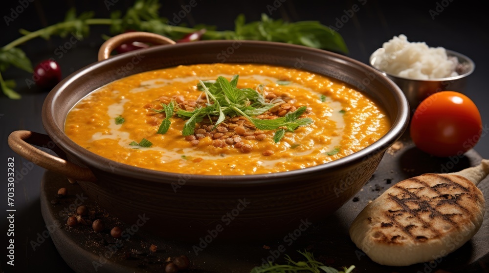  a close up of a bowl of soup on a plate next to a spoon and a piece of bread on a plate.