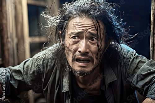 Anxious Asian Man with Sparse Facial Hair and Disheveled Wet Hair Looking Worried with Furrowed Brow