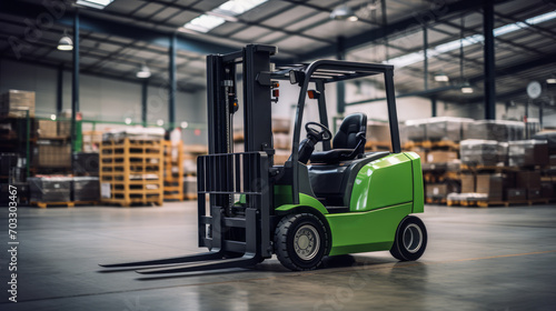Green forklift parked in warehouse, material handling equipment on glossy floor. Storage concept. Generative AI photo
