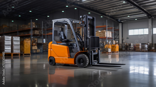 Orange forklift lifting pallet in a spacious industrial warehouse. Supply chain optimization concept. Generative AI © ImageFlow