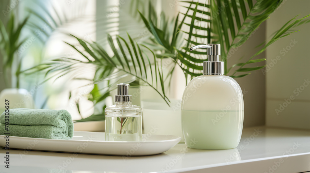 Tropical bathroom ambiance with green soap dispenser and lush foliage. Relaxation theme. Generative AI