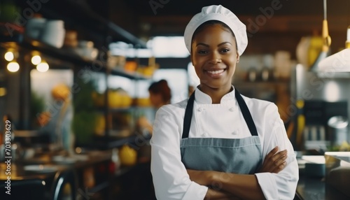 Portrait of a happy beautiful smiling female chef with hands crossed in the kitchen photo