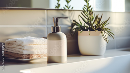 Minimalist bathroom interior with beige soap dispenser and folded towels. Clean design concept. Generative AI photo