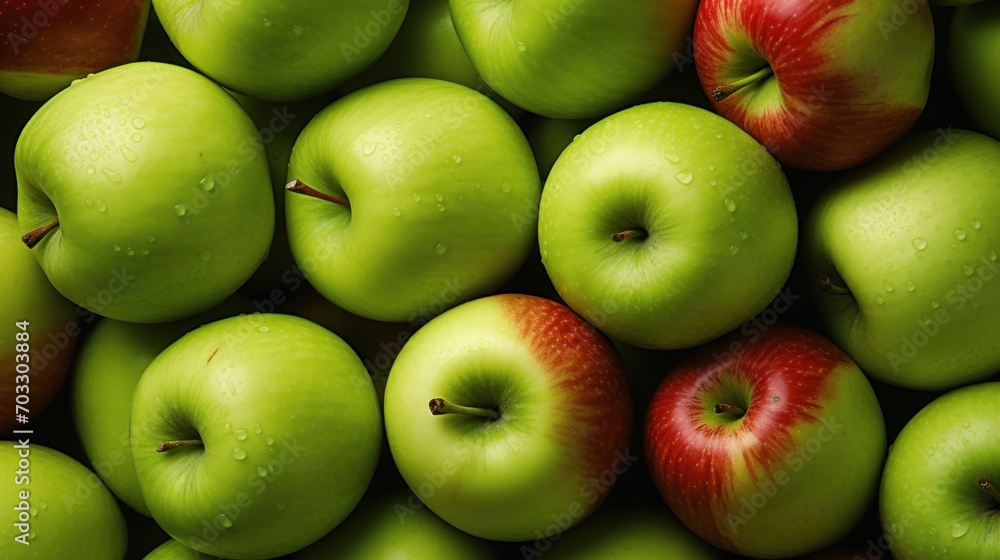 a pile of green and red apples with drops of water on the tops of the apples and the tops of the apples. a pile of green and red apples with drops of water on the tops of the apples and the tops of the apples.