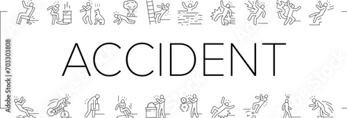 accident injury safety man risk icons set vector. danger health, people person, fall work, insurance injured, slip broken, down ladder accident injury safety man risk black line illustrations