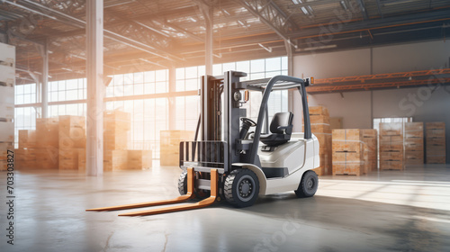 Forklift in a warehouse with sun rays shining through windows. Logistic efficiency concept. Generative AI