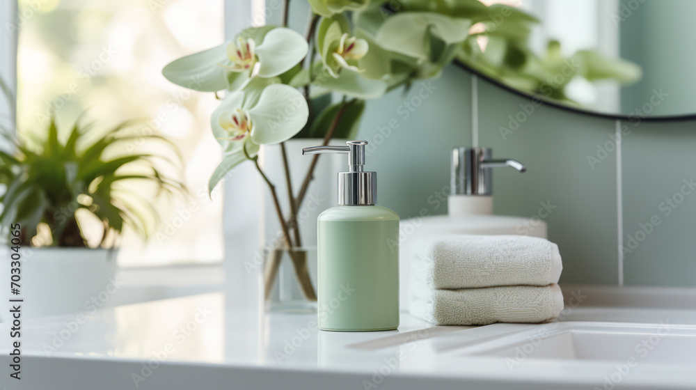 Soft light accentuating a soap dispenser with orchid backdrop in a bathroom. Calm and freshness concept. Generative AI Soft light accentuating a soap dispenser with orchid backdrop in a bathroom. Calm and freshness concept. Generative AI