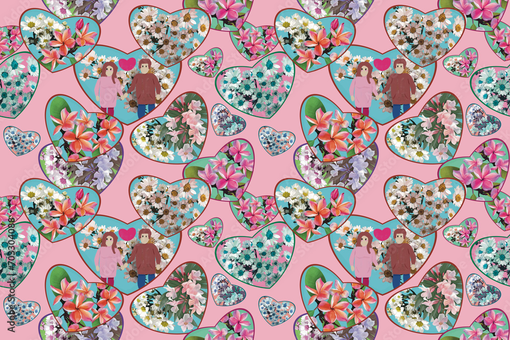 Naklejka premium Seamless Floral Love Hearts Seamless Pattern. Illustration design for card, wrapping, wallpaper, and background