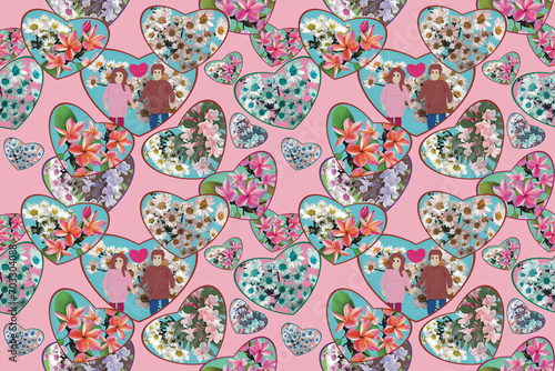 Seamless Floral Love Hearts Seamless Pattern. Illustration design for card, wrapping, wallpaper, and background