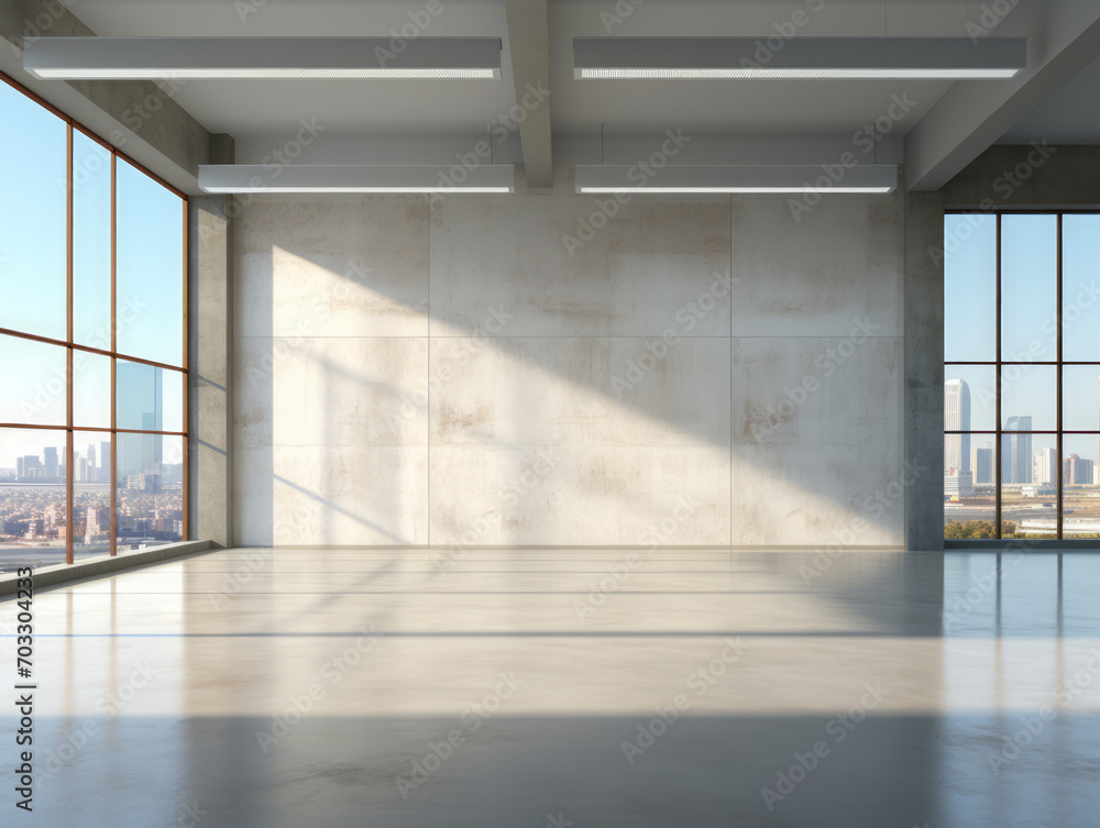Modern office interior with large windows and cityscape. Industrial design and urban concept. Generative AI Modern office interior with large windows and cityscape. Industrial design and urban concept. Generative AI