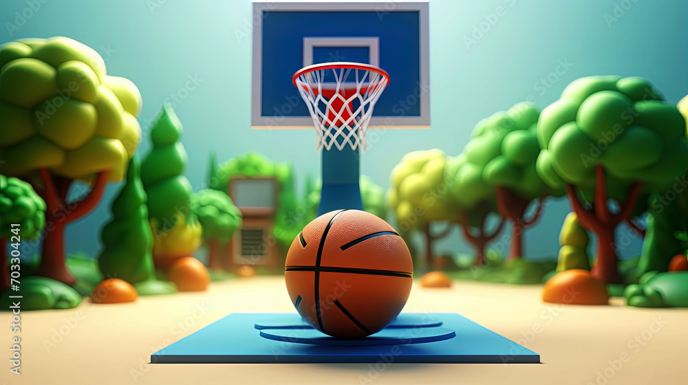 Simple basketball court, 3D icon, clay, Cartoon soft smooth lighting