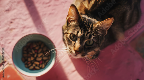 Candid top view of a cute cat looking at the camera feeding on a bowl of food with light pink soft blurred background