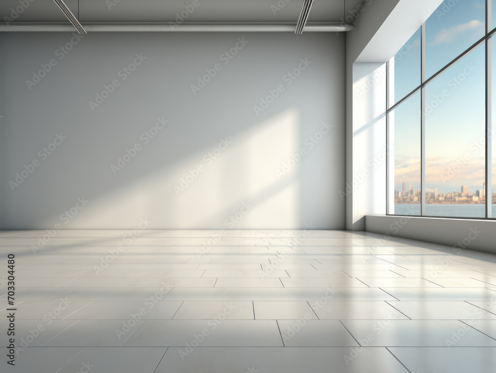 Minimalist office space with large windows and reflective white floor. Modern architecture concept. Generative AI Minimalist office space with large windows and reflective white floor. Modern architecture concept. Generative AI