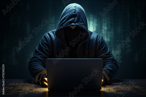Hooded figure in dark using laptop with digital background