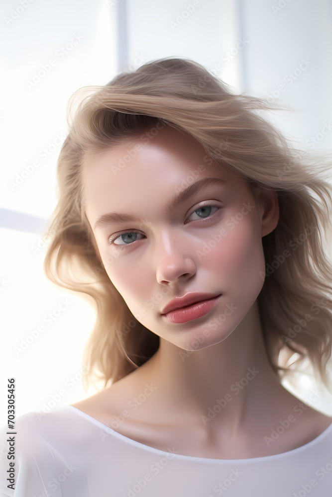 An ethereal-looking model showcasing a natural, effortless beauty, with soft makeup, framed against a pristine white wall, evoking sophistication. An ethereal-looking model showcasing a natural, effortless beauty, with soft makeup, framed against a pristine white wall, evoking sophistication.