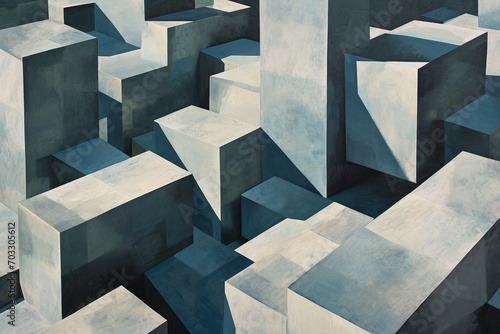 Monochrome Geometric Maze, Abstract Cubist Painting in Shades of Blue