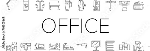 office gadget computer business icons set vector. laptop design, device technology, work tablet, graphic phone, mobile monitor, web office gadget computer business black line illustrations