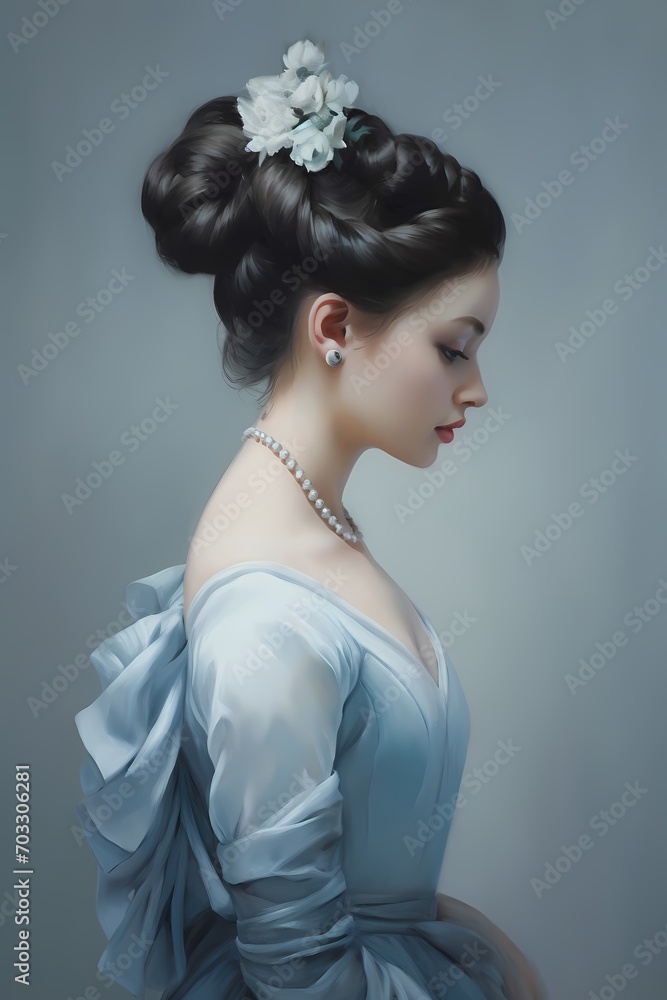 The enchanting allure of a Japanese woman with an elegantly braided French braid, adorned in a pastel blue ballet ensemble, radiating against a muted gray studio background.