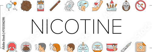 nicotine cigarette tobacco smoke icons set vector. smoke addiction, health chemical, chemistry formula, drug molecule, molecular stop nicotine cigarette tobacco smoke color line illustrations