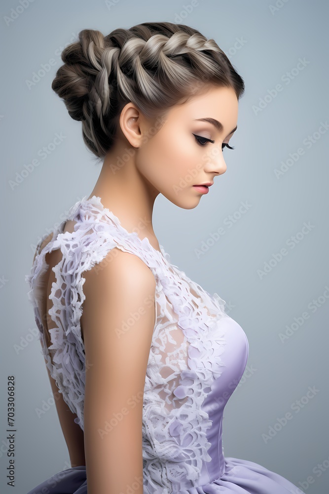 The enchanting allure of a Japanese woman with a sophisticated French braid, wearing a graceful lavender ballet dress, gently posed against a pristine white studio backdrop.
