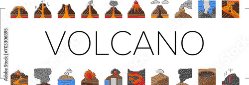 volcano lava eruption nature icons set vector. rock mountain, magma fire, landscape volcanic, hot smoke, disaster explosion, danger volcano lava eruption nature color line illustrations