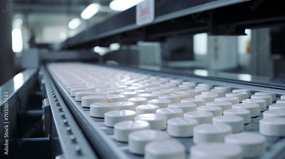A conveyor belt with white pills A conveyor belt with white pills