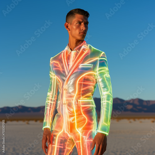Beautiful men with brown eyes and suntanned complexion skin in holographic neon suit  standing in the desert  fashion model