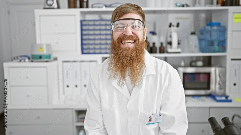 Smiling young redhead scientist, full of confidence, man in lab sporting secure glasses Smiling young redhead scientist, full of confidence, man in lab sporting secure glasses