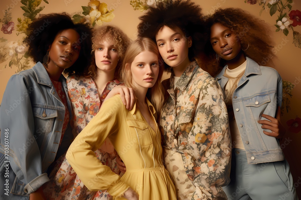 A group of young models wearing casual denim jackets over floral-printed dresses, embracing a blend of casual and feminine style, against a solid light yellow background. A group of young models wearing casual denim jackets over floral-printed dresses, embracing a blend of casual and feminine style, against a solid light yellow background.